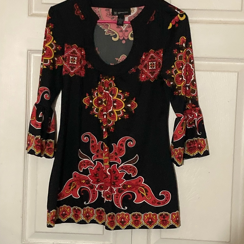 INC International Concepts Black Tunic with Red and Orange Accents S